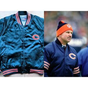 Chicago Bears 80s 90s STARTER satin bomber jacket S M navy orange NFL Pro vtg